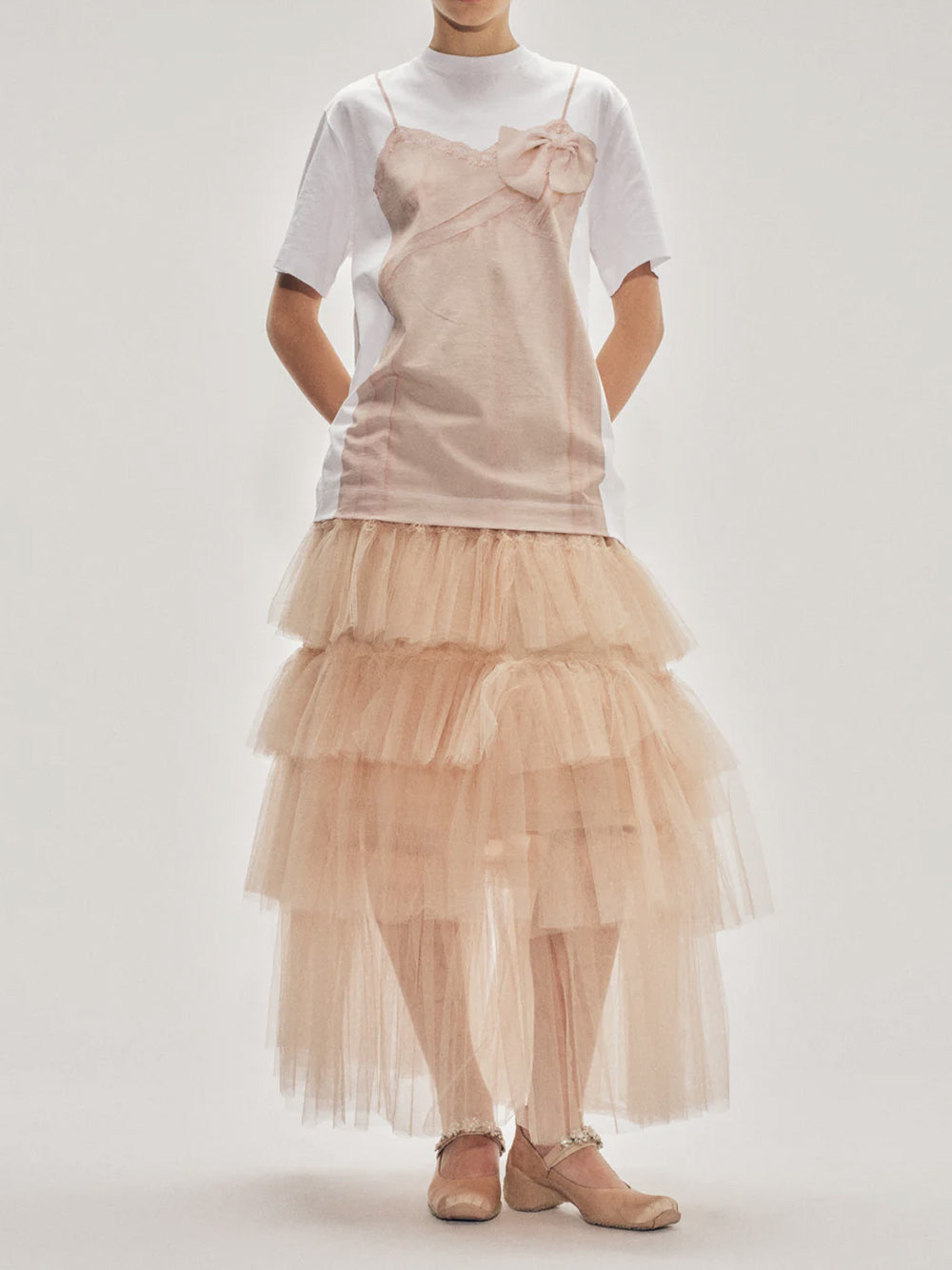 SIMONE ROCHA-BOW SASH SLIP DRESS TROMPE L`OEIL PRINT T-SHIRT-