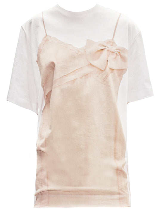 SIMONE ROCHA-BOW SASH SLIP DRESS TROMPE L`OEIL PRINT T-SHIRT-