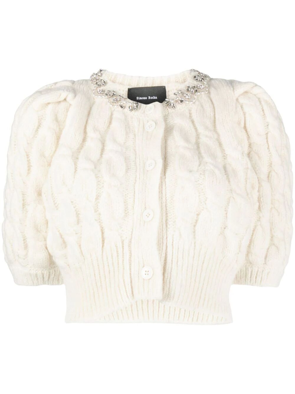 SIMONE ROCHA-CROPPED CABLE PUFF SLEEVE CARDIGAN W/ EMBL-WMK35B 0640 IVORY/PEARL/CLEAR