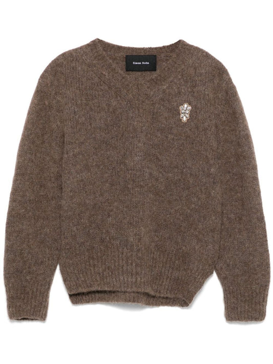 SIMONE ROCHA-CROPPED V-NECK ALPACA KNIT JUMPER-