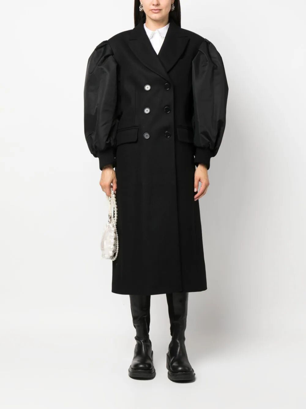 SIMONE ROCHA-DOUBLE BREASTED COAT W/ BOMBER SATIN SLEEVES-2034D 0254 BLACK/PEARL