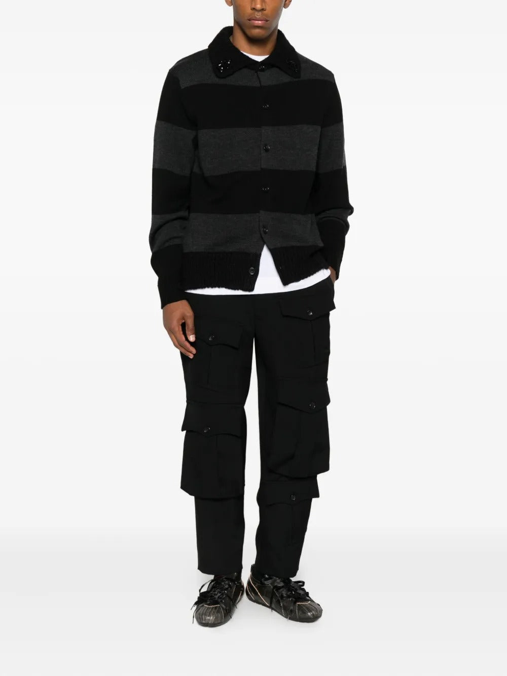 SIMONE ROCHA-FUZZY COLLAR STRIPED RUGBY KNIT CARDIGAN W/ EMB-