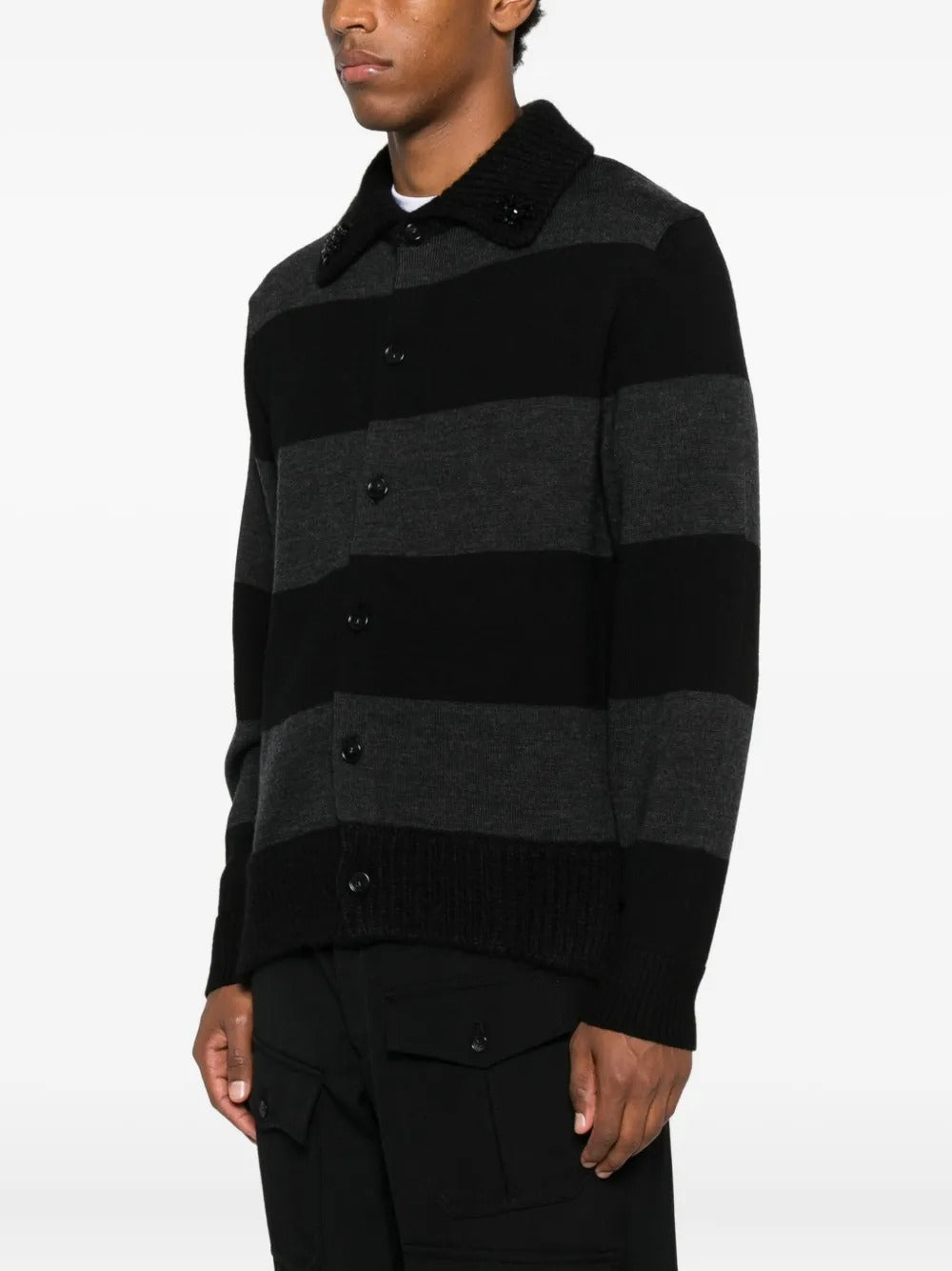 SIMONE ROCHA-FUZZY COLLAR STRIPED RUGBY KNIT CARDIGAN W/ EMB-
