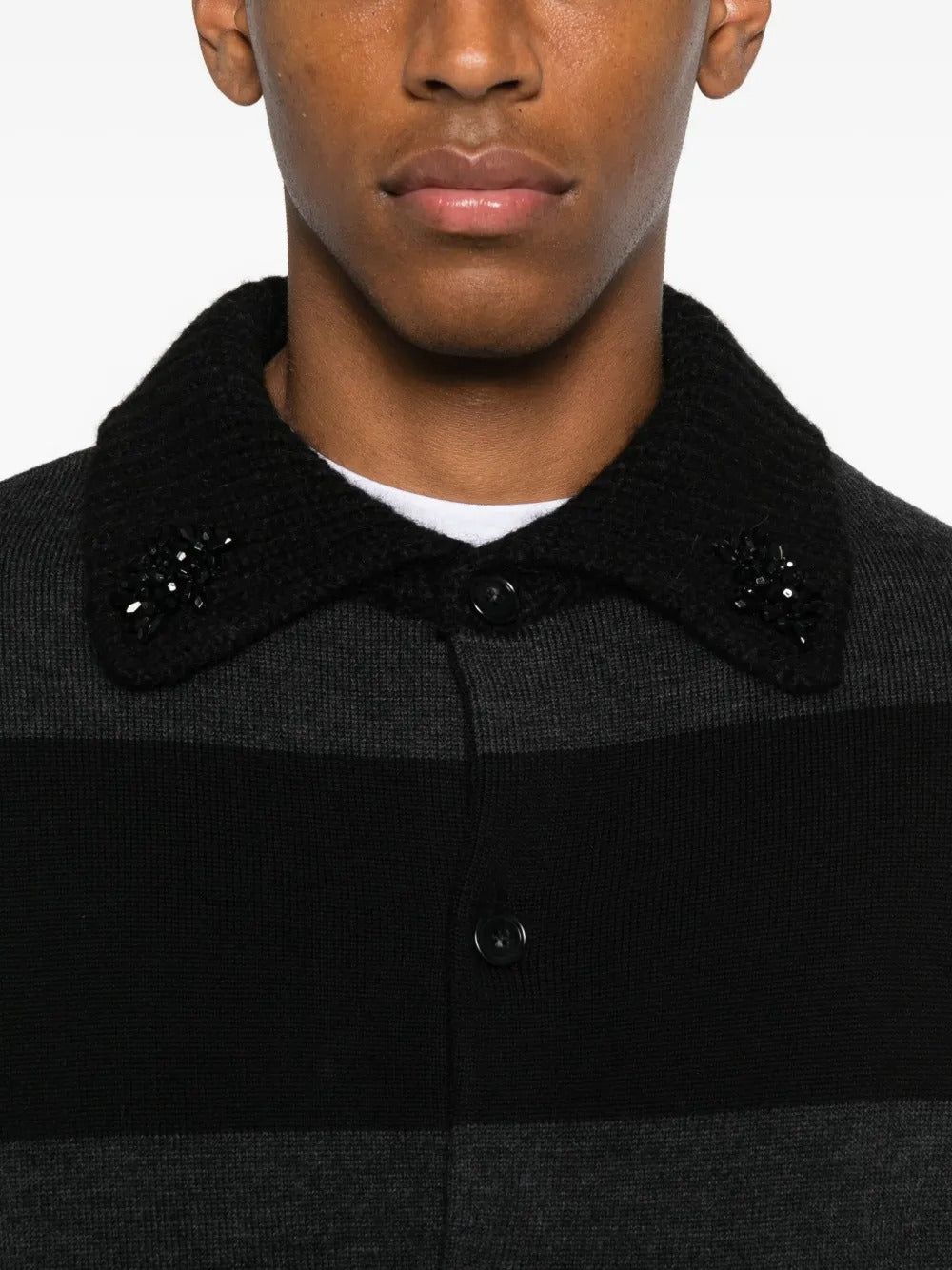 SIMONE ROCHA-FUZZY COLLAR STRIPED RUGBY KNIT CARDIGAN W/ EMB-