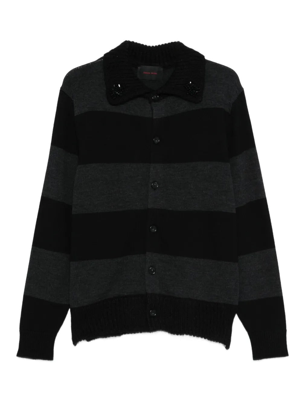 SIMONE ROCHA-FUZZY COLLAR STRIPED RUGBY KNIT CARDIGAN W/ EMB-