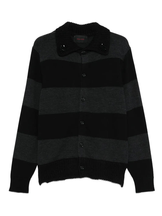 SIMONE ROCHA-FUZZY COLLAR STRIPED RUGBY KNIT CARDIGAN W/ EMB-