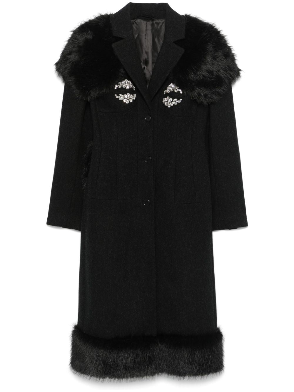 SIMONE ROCHA-LONG FAUX FUR DETAIL SCULPTED COAT W/ EMB-2053FB 1042 CHARCOAL/BLACK/CLEAR