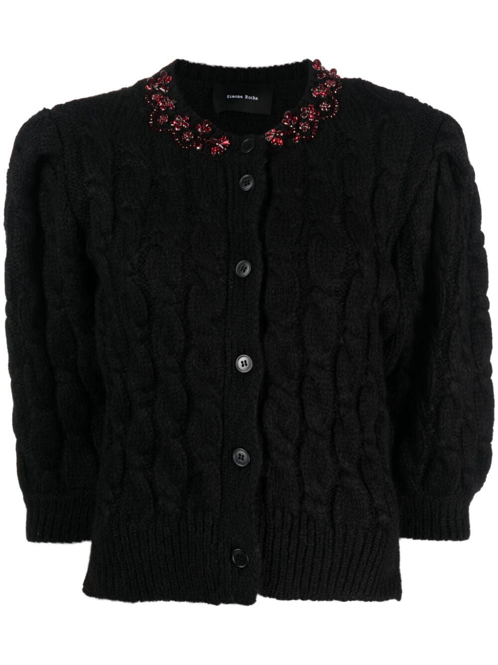 SIMONE ROCHA-LONG SLEEVE CABLE KNIT JUMPER W/ EMBL-WMK39B 0640 BLACK/BLOOD RED