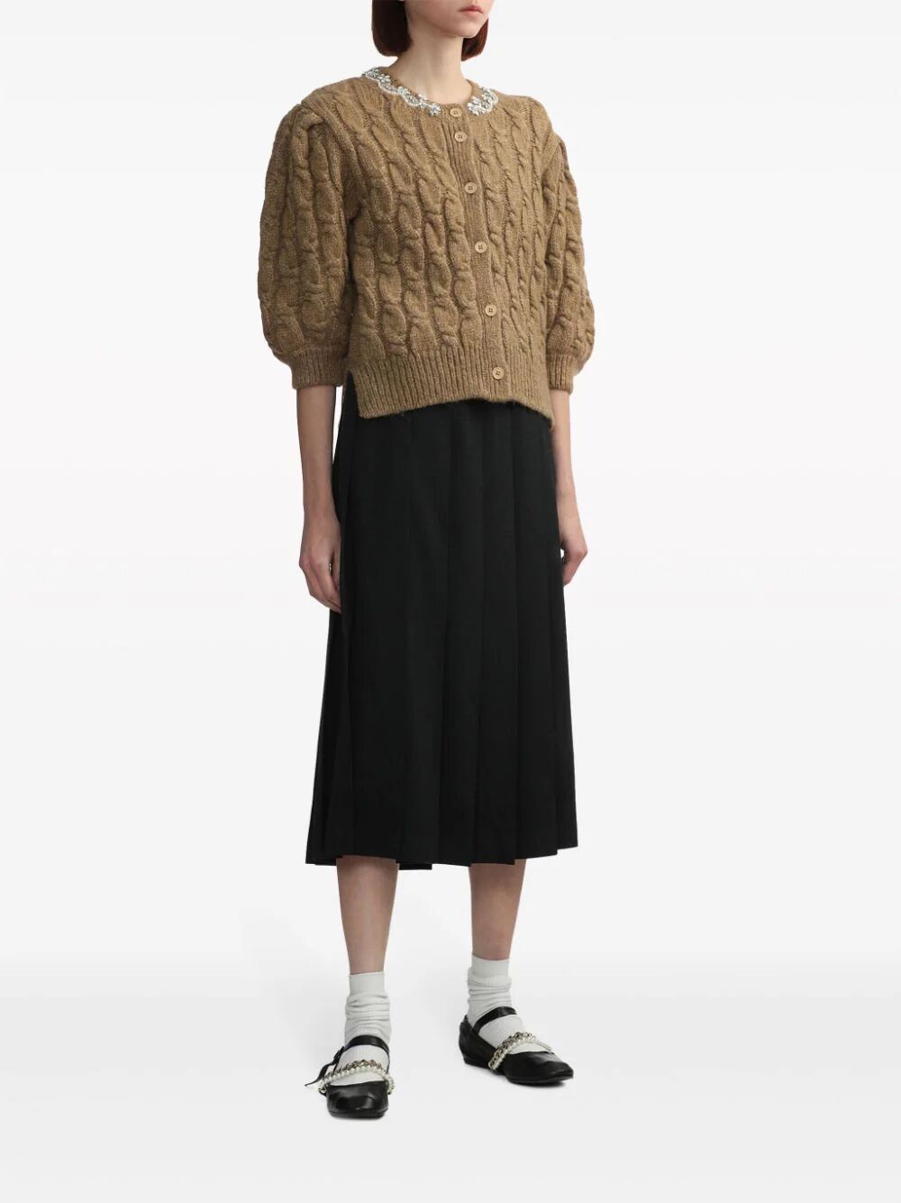 SIMONE ROCHA-LONG SLEEVE CABLE KNIT JUMPER W/ EMBL-WMK39B 0640 CAMEL/PEARL/CLEAR