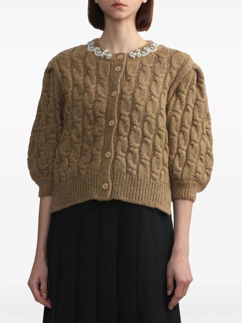 SIMONE ROCHA-LONG SLEEVE CABLE KNIT JUMPER W/ EMBL-WMK39B 0640 CAMEL/PEARL/CLEAR