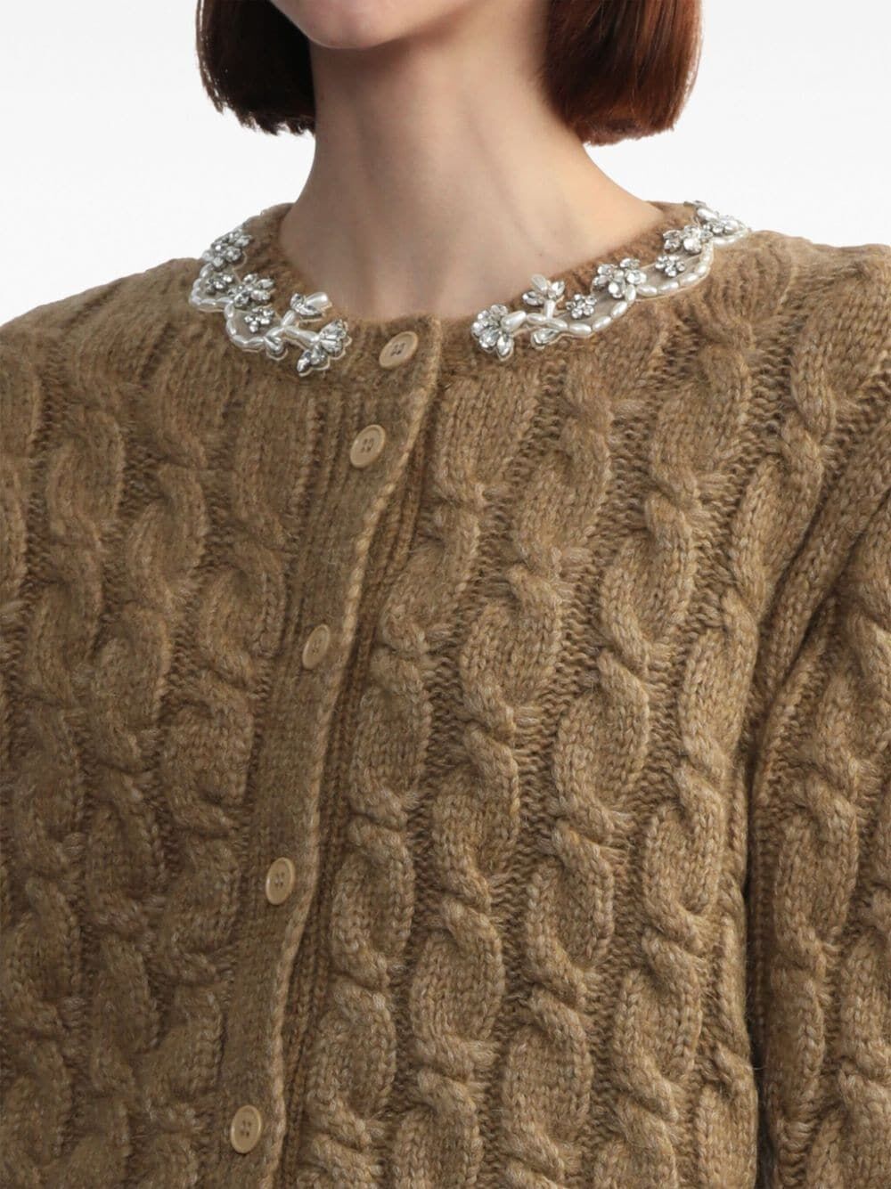 SIMONE ROCHA-LONG SLEEVE CABLE KNIT JUMPER W/ EMBL-WMK39B 0640 CAMEL/PEARL/CLEAR