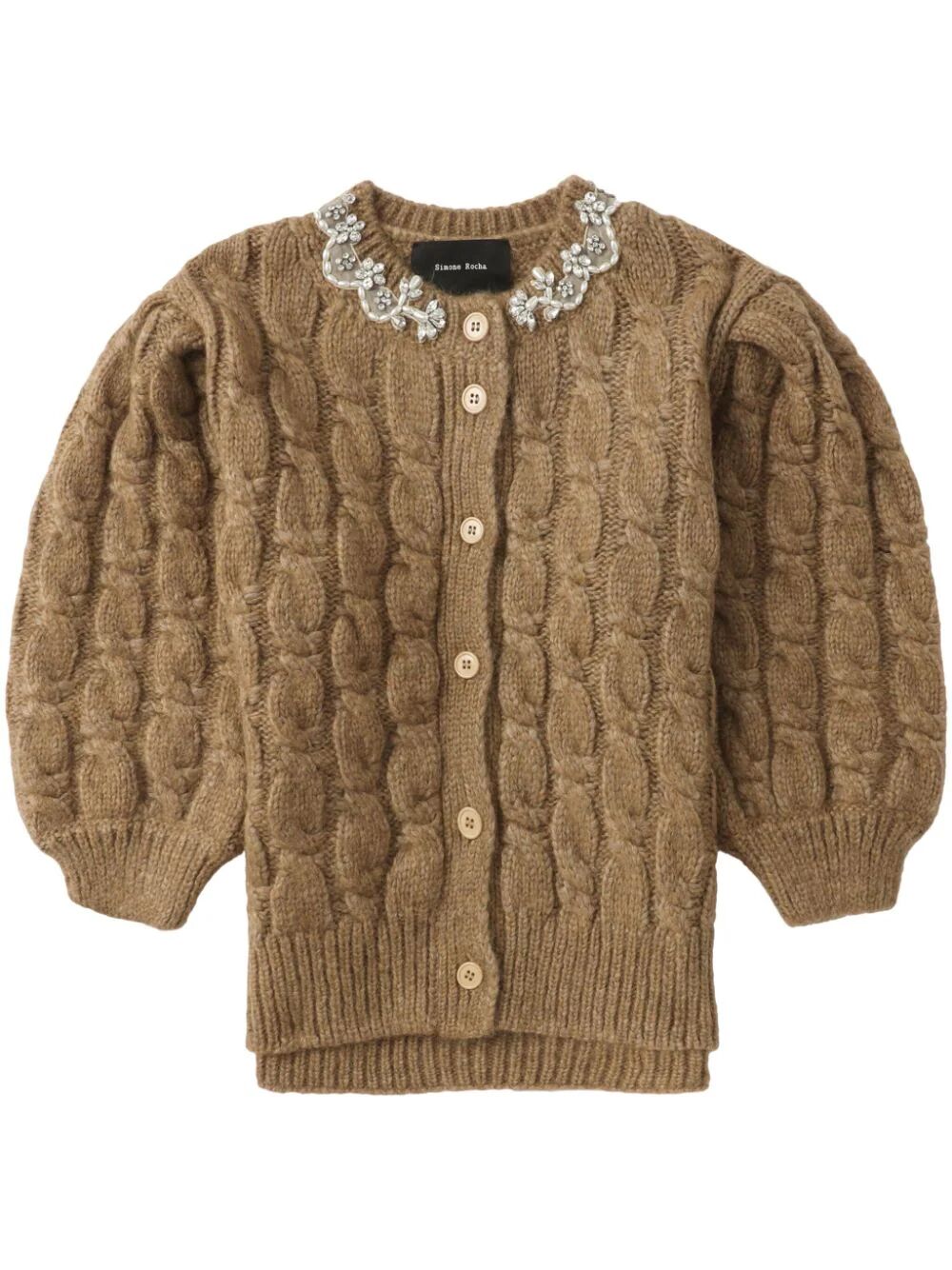 SIMONE ROCHA-LONG SLEEVE CABLE KNIT JUMPER W/ EMBL-WMK39B 0640 CAMEL/PEARL/CLEAR