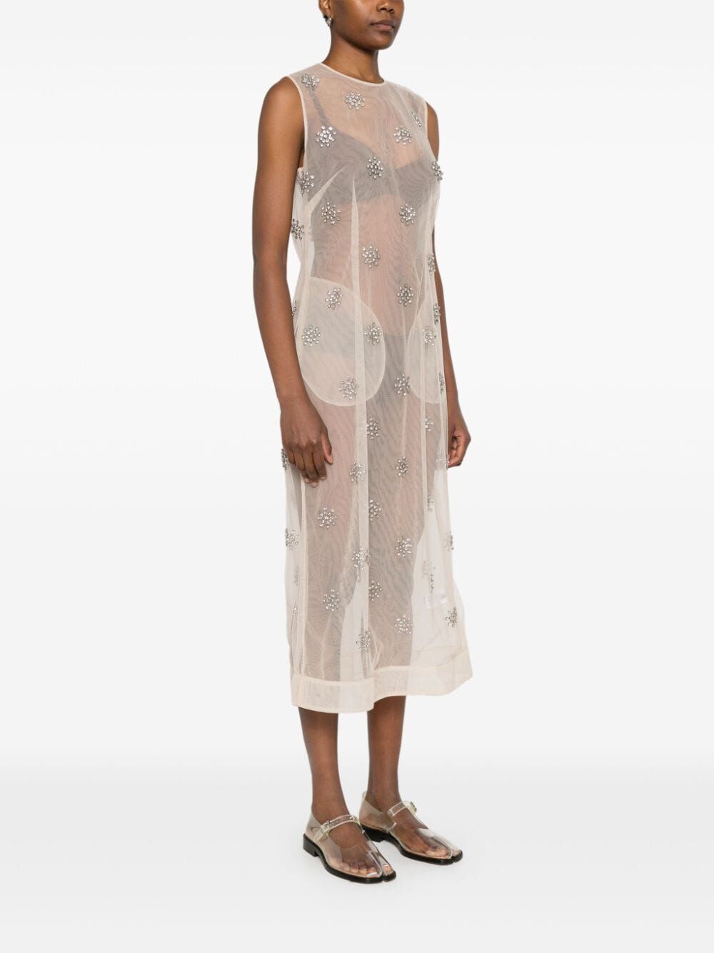 SIMONE ROCHA-SLEEVELESS SHEER STRAIGHT CUT DART DRESS W/ EMB-