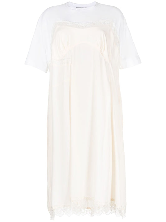 SIMONE ROCHA-T-SHIRT MIDI DRESS W/ CAMISOLE FRONT & LACE TRIM-