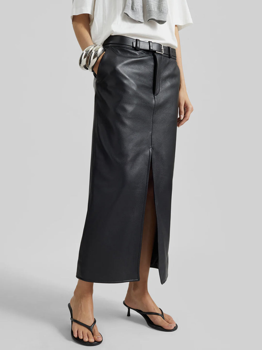 THE FRANKIE SHOP-MAYBELLE FAUX LEATHER FRONT SLIT PENCIL SKIRT-